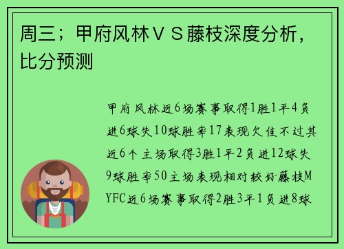 周三；甲府风林ＶＳ藤枝深度分析，比分预测