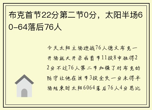 布克首节22分第二节0分,太阳半场60-64落后76人