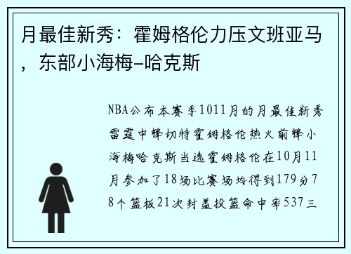 月最佳新秀:霍姆格伦力压文班亚马,东部小海梅-哈克斯